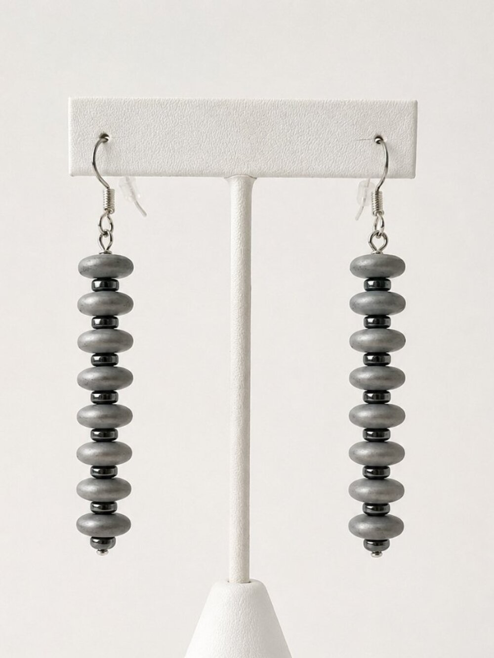 Black Hematite Gray Bead Dangle Earrings - Picture 2 of 3